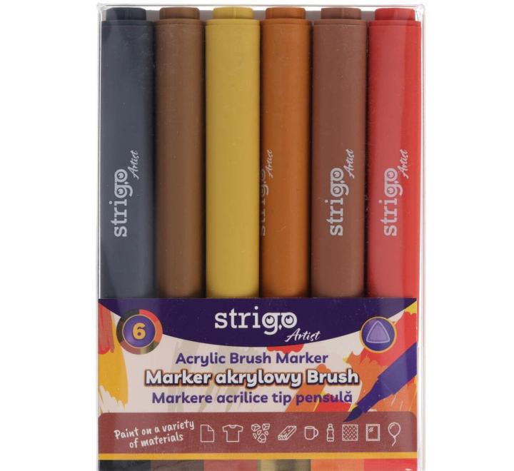 Akril ecsetes filctoll, 6 szín/készlet Strigo