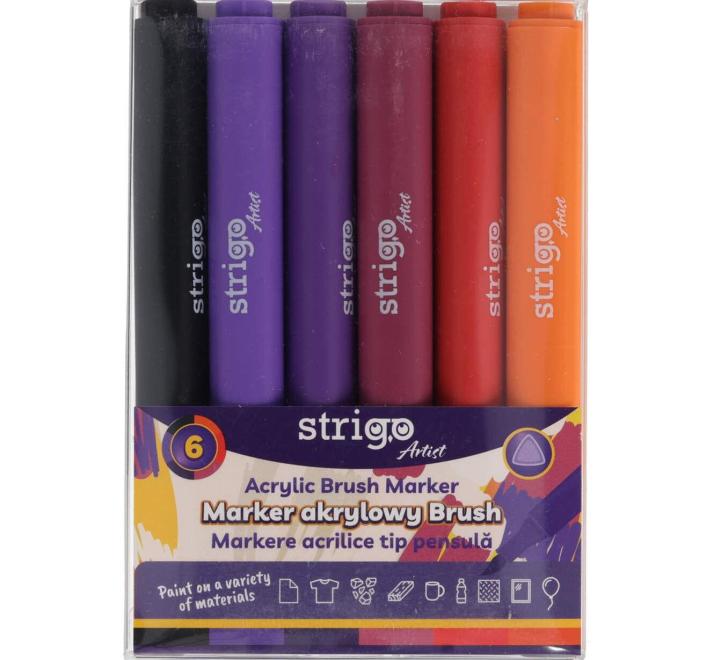 Akril ecsetes filctoll, 6 szín/készlet Strigo
