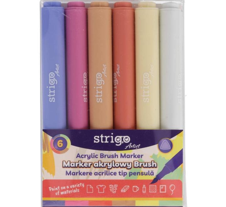 Akril ecsetes filctoll, 6 szín/készlet Strigo