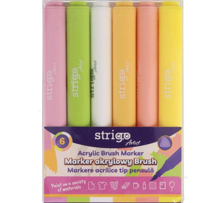 Akril ecsetes filctoll, 6 szín/készlet Strigo