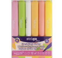 Marker acrilice tip pensula, 6 culori/set Strigo