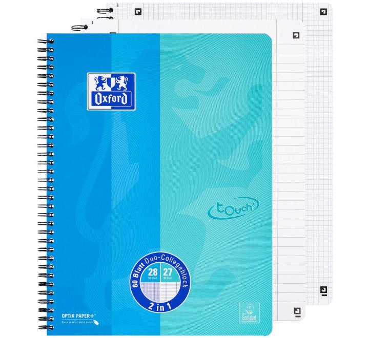 Oxford Touch duo A4+ füzet, 80 lap, írópapír/kockás, kék és aqua