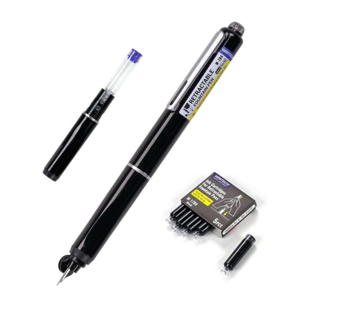 Visszahúzható toll, fekete test + 5 db kék tintapatron